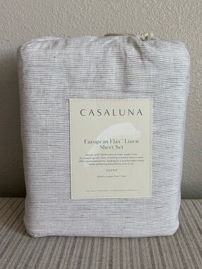 NWT Queen 100% Linen Sheet Set Gray Micro Stripe - Casaluna